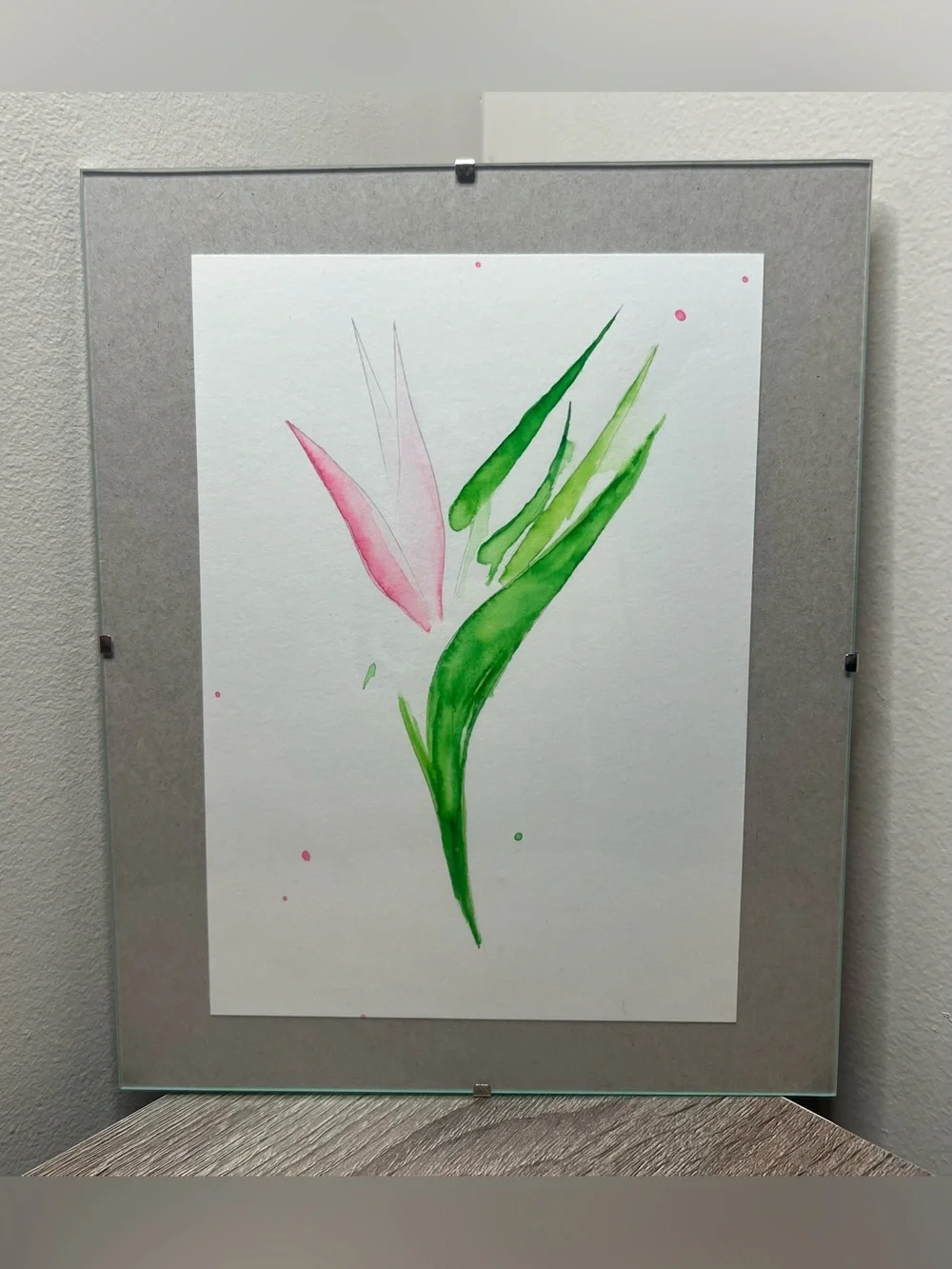 Original Watercolor Painting – Hand Painted Flower in Green and Pink, Frame 10x8